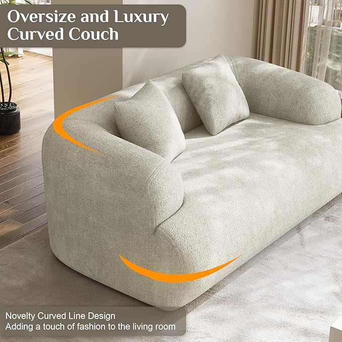 75" Boneless Cloud Loveseat, Modern Cute Curved Chenille Sofa, 2 Seater Compression Couch with 2 Pillows, No Assembly Required for Apartment Living Room, Beige White