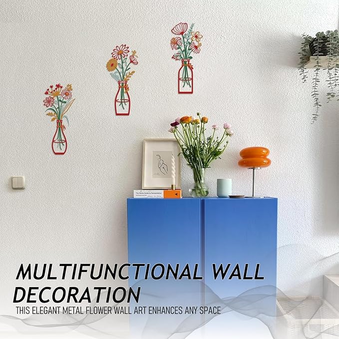 PAASTAI 3 Pieces Metal Flowers Wall Art - Minimalist Farmhouse Wall Hanging Decor for Living Room, Bedroom, Kitchen, Bathroom, Hallway - Floral Home and Office Decor (DK-04)