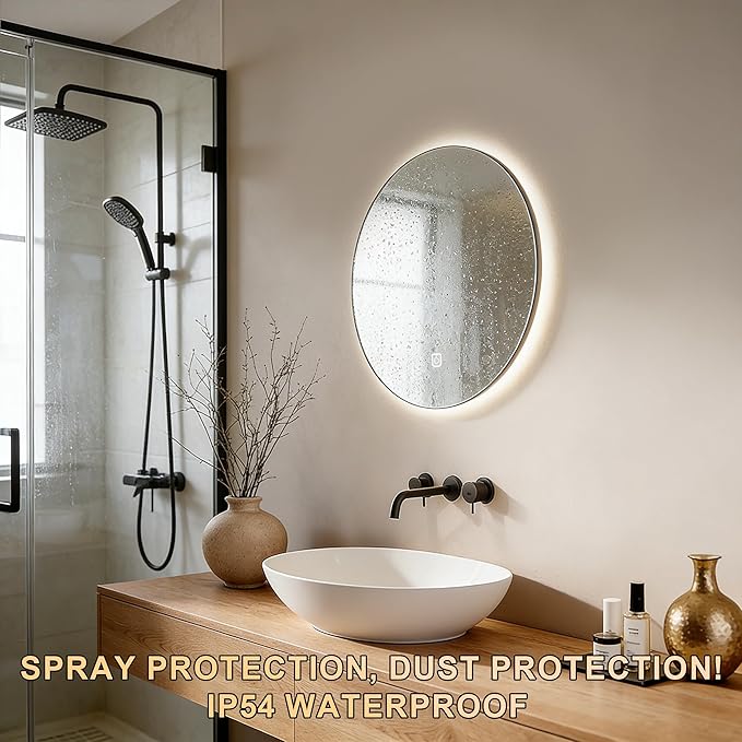 20 Inch Round LED Bathroom Mirror with Lights, Lighted Vanity Bathroom Mirror with Backlit, Stepless Dimmable & 3 Colors (3000K/4000K/6000K), IP54 Waterproof