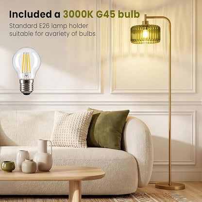 Floor Lamp for Living Room,Gold Floor Lamp with Green Glass Shade,Modern Standing Lamps with 3000K Warm Light Bulb,Vintage Tall Light for Bedroom Office Reading Room Corner.