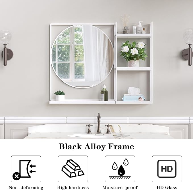 White Metal Framed Bathroom Mirror with Shelf, 31" X 24.4" Rectangular Wall Mounted Bathroom Vanity Mirror, Modern Bathroom Mirror with Storage for Over Sink, Entryway