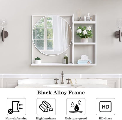 White Metal Framed Bathroom Mirror with Shelf, 31" X 24.4" Rectangular Wall Mounted Bathroom Vanity Mirror, Modern Bathroom Mirror with Storage for Over Sink, Entryway