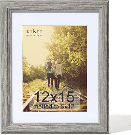 KTKDE 12x15 Picture Frame,Display Pictures 9 x12 with Mat or 12x15 Without, Tempered Glass,15 by 12 Gray Wooden Frame Wall Gallery Poster Frame best gift