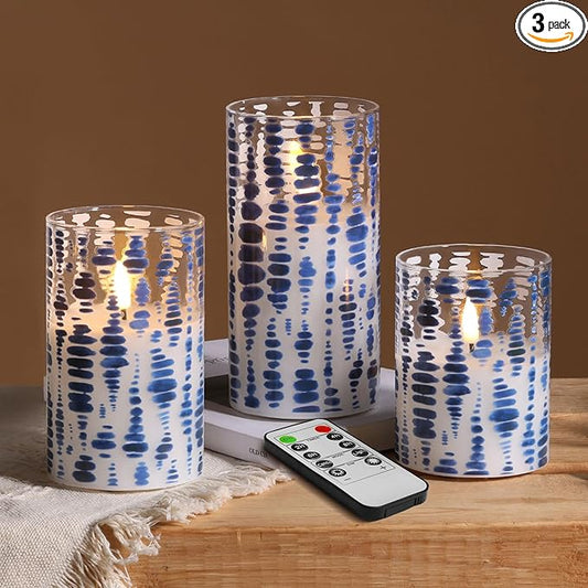 Eywamage Blue Dots Flameless Candles in Glass Jars, Flickering Battery LED Pillar Candles with Remote Set of 3
