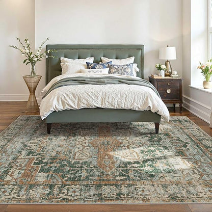 Rugxara 6x9 Area Rugs for Living Room Bedroom, Large Washable Rug, Green Vintage Floral Boho Style, Non Slip & Low Pile Carpet for Indoor Dining Room, Dorm and Kids Room(Green 6x9ft)