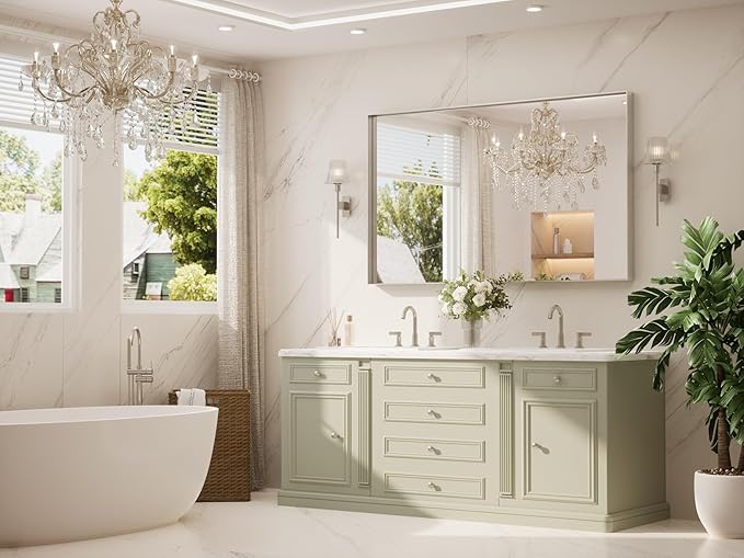 TETOTE 60" x 36" Brushed Nickel Bathroom Mirror, Brushed Nickel Vanity Wall Mirror for Bathroom Sink, Tempered Glass, Modern Farmhouse Rectangle Frame Mirrors for Bedroom, Entryway, Living Room