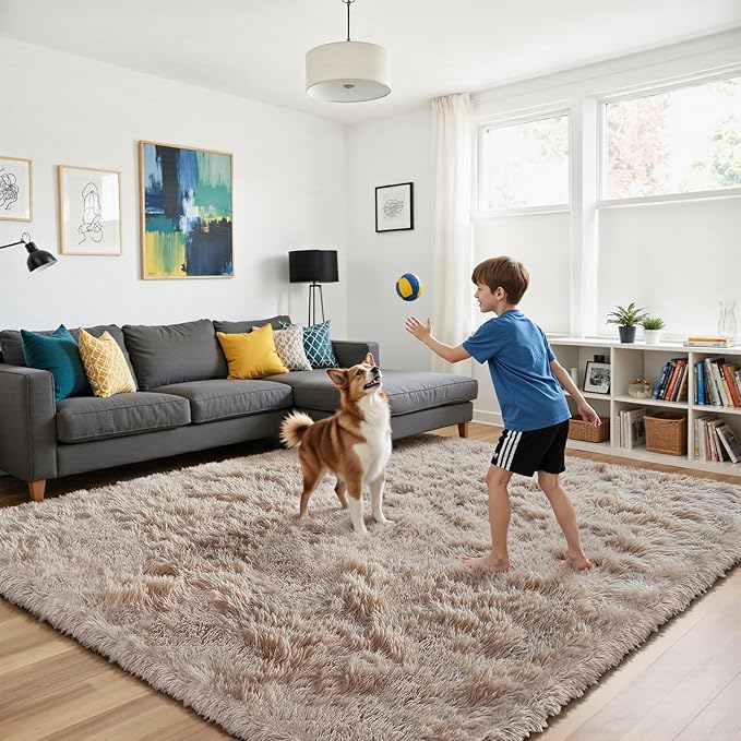 yongyangjuxin Fluffy Rug Shag Area Rug, Beige 6x9 Area Rugs for Living Room, Large Shag Area Rugs for Bedroom Kids Room Home Decor, Upgrade Anti-Skid Rectangular Fuzzy Rugs