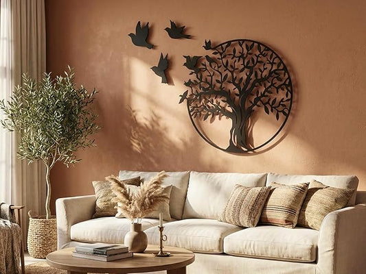 VAILLA Wooden Tree Ring Wall Art 3D Wall Decor Wood Round Wall Hanging Sculpture Modern Home Decoration Textured Sculptures for Living Room Bedroom Office Dinnig Room Family Tree Wall Hangings - Birds