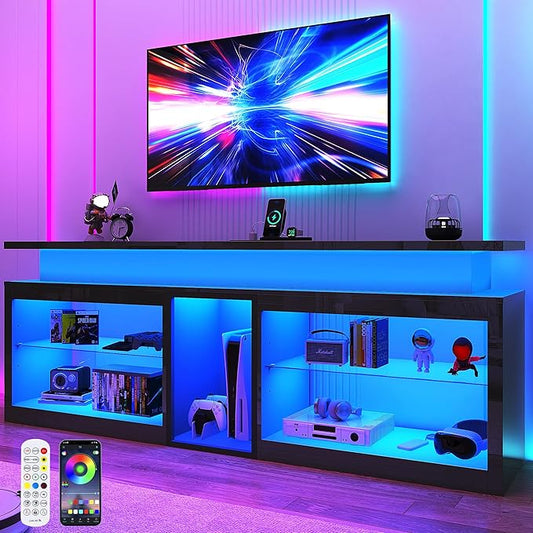 71" LED TV Stand with Power Outlet,60-Colors LED Lights For 65 70 80 in TV,High Gloss Gaming Entertainment Center w/Adjustable Shelves,Black TV Console with Modern Design for Living Room Bedroom