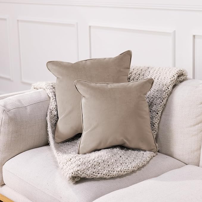 FDP 18" x 18" Velvet Square Pillow Set with Piping; Decorative Throw Pillow for Home Décor in Living Room, Bedroom or Lounge (2-Pack) - Caffe, 15158-346