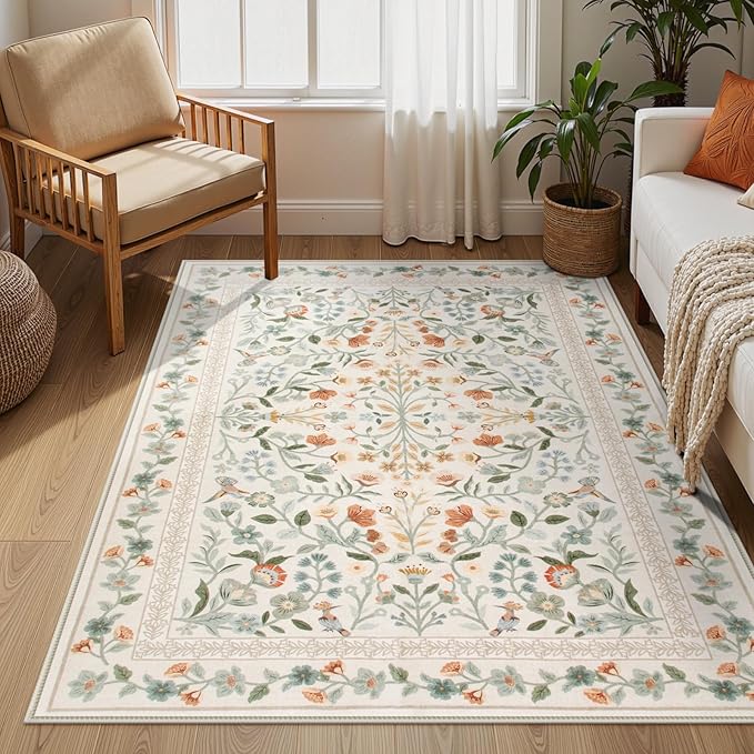 Lahome Floral Washable Area Rug 5x7, Vintage Non Slip Carpet for Living Room Bedroom, Low-Pile Soft Boho Rug for Kids Room Nursery, Machine Washable Home Decor, Beige