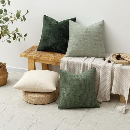 MIULEE Pack of 4 Couch Throw Pillow Covers 18x18 Inch Neutral Green Soft Decorative Chenille Pillow Covers Farmhouse Accent Cushion Covers for Boho Spring Home Decor Sofa Bedroom Living Room
