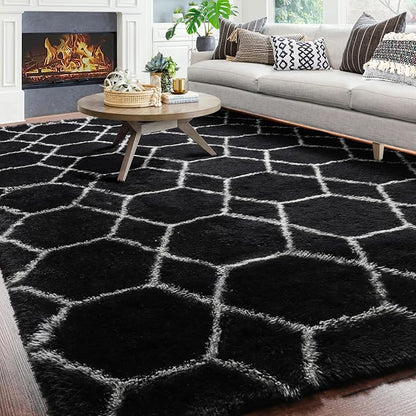 ONASAR 6x9 Area Rugs for Living Room Bedroom, Large Fluffy Black and White Throw Rug, Geometric Soft Plush Shaggy Floor Carpet for Nursery Kids Girls Boys Teen Dorm Home Decor Aesthetic
