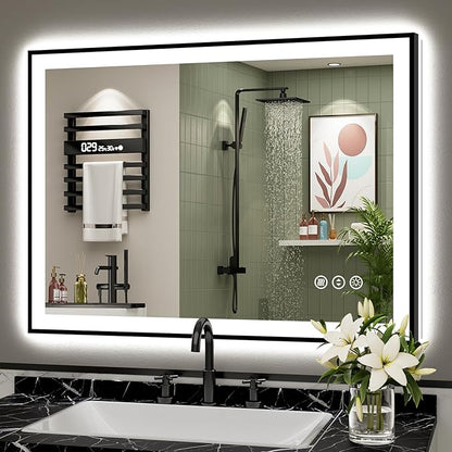 40x30 Black Framed LED Bathroom Mirror with Lights, Backlit and Front Lit Anti-Fog Lighted Vanity Mirrors for Bathroom Wall, Dimmable, 3 Colors, Memory, HD Tempered Glass, Horizontal/Vertical