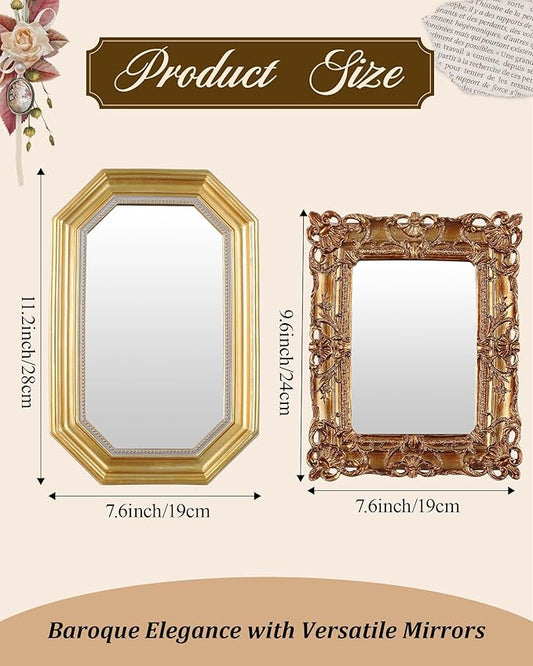 3 Styles Vintage Gold Mirror Set Wall Decorative, Vintage Wall Mirror Antique Hanging and Tabletop with Stand for Living Room Bedroom Dresser, Classic Home Wedding Decor(Court Baroque Style)