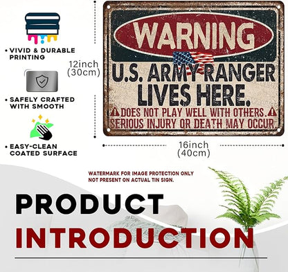 Warning US Army Ranger Vintage Tin Sign Great Patriotic Home Decor and Private Property Metal Sign for American Flag Home and Office Decor USA Army and Military 12x16inch
