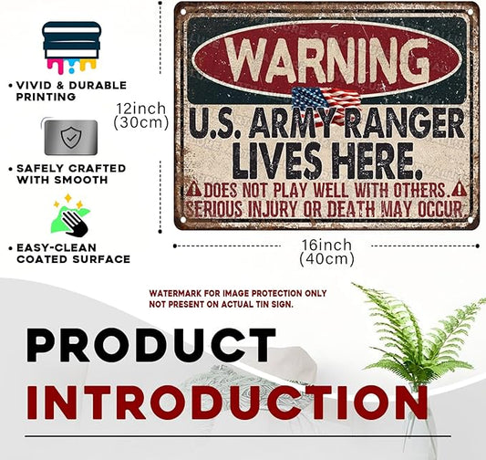 Warning US Army Ranger Vintage Tin Sign Great Patriotic Home Decor and Private Property Metal Sign for American Flag Home and Office Decor USA Army and Military 12x16inch