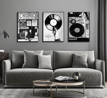 3Pcs Retro Music Poster Wall Art Fashion Black And White Photography Preppy Vinyl Record Store Painting Picture Wall Decor Bar Rock Music Lovers Print Artwork for Recording Studio Club Home Decoration