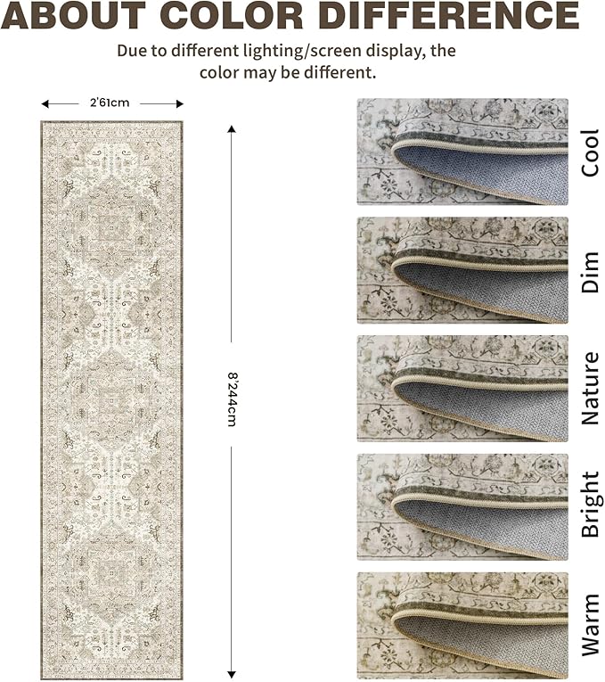 2x8 Washable Hallway Runner Rug - Kitchen Rugs with Non Slip Backing Vintage Soft Farmhouse Entryway Mat for Living Room Laundry Bedroom Bathroom Brown/Ivory