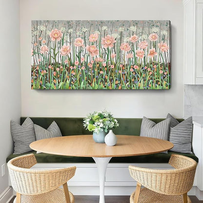 Large Pink Green And White Plant Wall Art For The Living Room， Natural Landscape Wildflower Canvas Print Picture， Modern Country Style Artwork For Living Rooms, Bedrooms, Kitchens, Dining Rooms, And Hallways. 48X24 Inches.