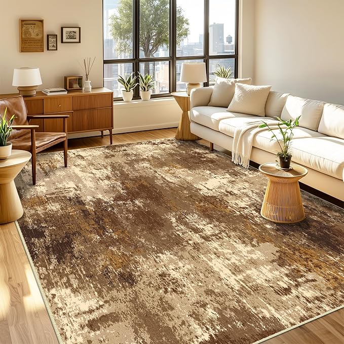RELEANY Washable Area Rugs 2'x8' Non-Slip Modern Abstract Soft for Living Room Entryway Bedroom Nursery, Print Pattern, Brown Tan Beige Coffee