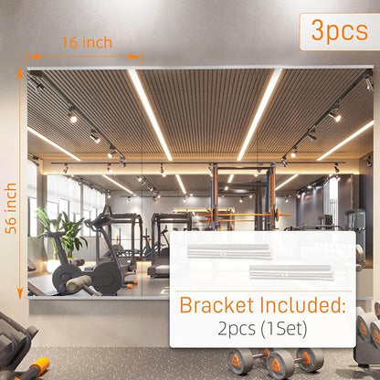 pertetey Home Gym Mirror, 3Pack 56X16 Inch Frameless Large Tempered Glass Wall Mounted Full Mirror for Gym, Yoga Studio, Dancing Studio