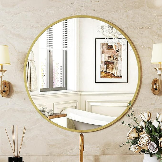 Sweetcrispy 20 Inch Round Wall Mirror with Tempered Glass, Bathroom Mirror Over Sink, Anti-Fog & Waterproof Round Mirror for Bathroom, Entryway, Bedroom, Shatterproof Design, Gold