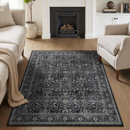 Dark 4x5 Area Rugs, Washable Throw Rugs with Rubber Backing for Kitchen Entryway, Low Pile Thin Throw Carpet Rug for Foyer/Nursery/Home Office/Living Room, Vintage Farmhouse Midnight