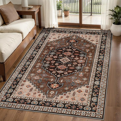 Tangsoo Vintage 3x5 Rug for Bedroom,Non-Slip Soft Low Pile Brown Beige Indoor Area Rug,Washable Boho Carpet for Front Porch Living Room Patio Entryway