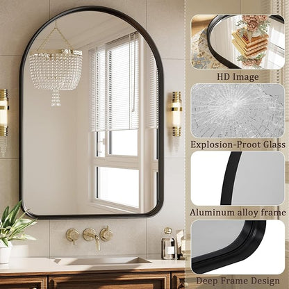 Easly 38"x26" Arched Bathroom Mirror - Modern Black Mirror for Wall with Rounded Corners, Bathroom Mirror for Vanity, Aluminum Alloy Framed Mirror - for Living Room, Bedroom, Cloakroom