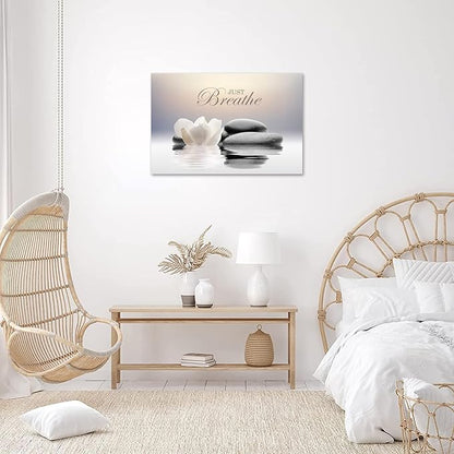 Zen Stone Canvas Wall Art Just Breathe Yoga Quotes Poster for Spa Decor White Lotus Flower Pictures Prints for Bathroom Modern Spiritual Artwork Framed (24 x 36inches)