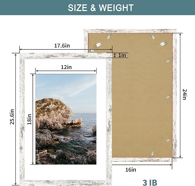 iRahmen 16x24 Picture Frame Set of 2 with Plexiglass, Distressed White Poster Frame Display 12x18 Picture with Mat or 16 x 24 Without Mat, Wood Photo Frame for Gallery Wall Mounting