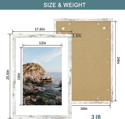 iRahmen 16x24 Picture Frame Set of 2 with Plexiglass, Distressed White Poster Frame Display 12x18 Picture with Mat or 16 x 24 Without Mat, Wood Photo Frame for Gallery Wall Mounting