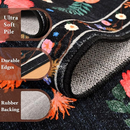 Macgace Black Floral Rug for Girls Bedroom, 3x5 Machine Washable Area Rugs with Non Slip Backingfor Living Room, Cute Flowers Carpet Kitchen Dining Room Kids Playroom Decor