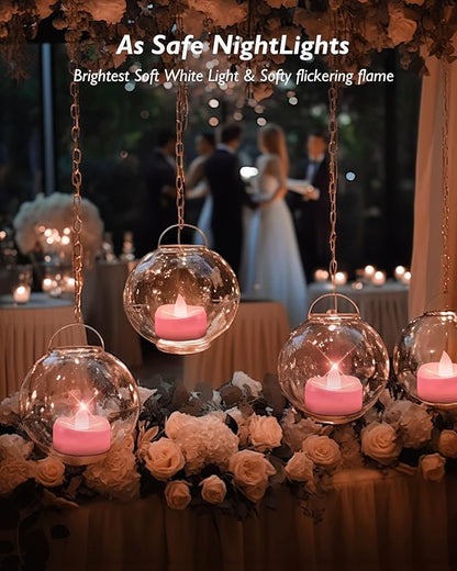 merrynights LED Candles, 24 Pack Tea Lights Candle Battery Operated, Flameless Tealight Votives, Realistic Tea Lights for Wedding Home Party Decor -D 1.5" x H 1.25" -Pink Light