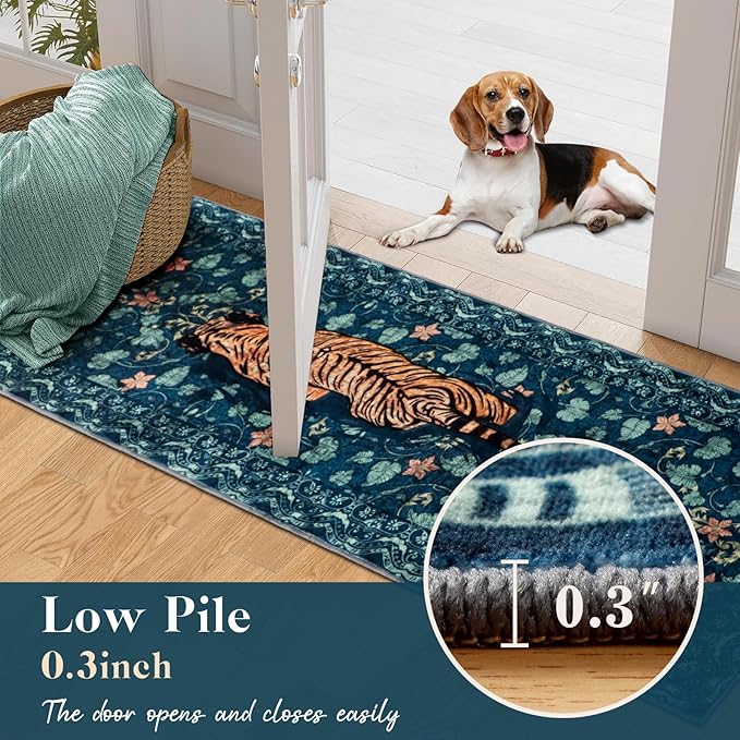 Tiger Rug Runner for Hallways 2x6Ft, Boho Farmhouse Kitchen Laundry Runner Rugs Non Slip, Low Pile Soft Animal Bedroom Floor Carpet for Entryway Laundry Bathroom Spring Summer, Dark Blue