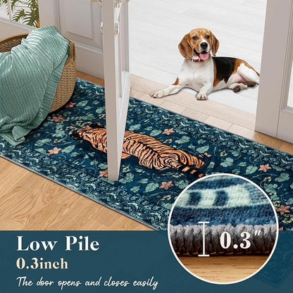 Tiger Rug Runner for Hallways 2x6Ft, Boho Farmhouse Kitchen Laundry Runner Rugs Non Slip, Low Pile Soft Animal Bedroom Floor Carpet for Entryway Laundry Bathroom Spring Summer, Dark Blue
