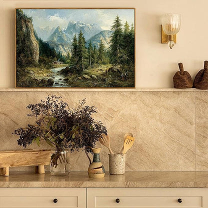 crmotu Vintage Framed Wall Art, Mountain River Landscape Canvas Painting, Pine Tree Forest Art Prints, Rustic Farmhouse Home Decorations, Pictures Wall Decor Living Room Bedroom Cottage 20x30in