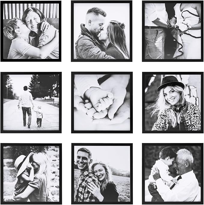 ArtbyHannah Photo Collage Frames for Wall, 8x8 Inch Square Picture Frame for Living Room or Staircase Decoration (Black, 9 Pack)