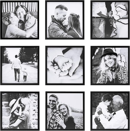 ArtbyHannah Photo Collage Frames for Wall, 8x8 Inch Square Picture Frame for Living Room or Staircase Decoration (Black, 9 Pack)