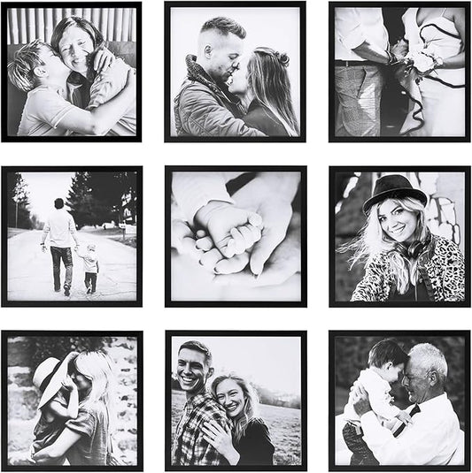 ArtbyHannah Photo Collage Frames for Wall, 8x8 Inch Square Picture Frame for Living Room or Staircase Decoration (Black, 9 Pack)