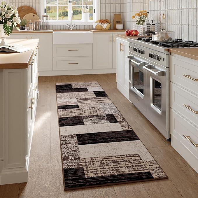 FlyDOIT Modern Geometric Patchwork Area Rug, 2x6 Chocolate Runner Rugs for Living Room, Rockwood Collection Indoor Rugs for Bedroom, Throw Carpet Floor Decor for Entryway Dining Room Office Nursery