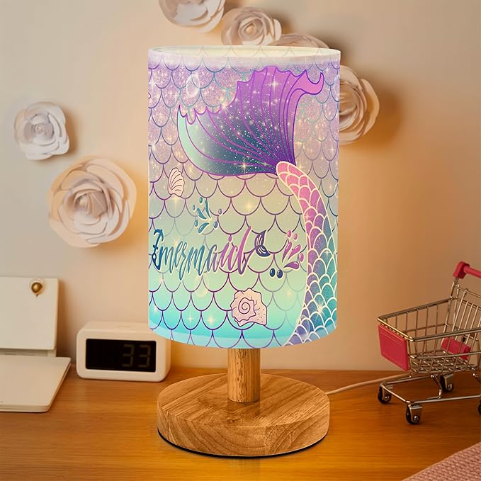 Rainbow Scales Mermaid Bedside Table Lamp for Bedroom with USB Port, Cute Cozy Kids Nightstand Lamp with Wood Base Polyester Fabric Shade for Living Room Dorm Desk (Rainbow02)