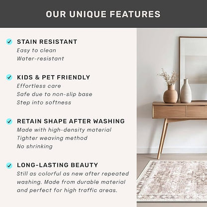 Washable Neutral Farmhouse Large Entryway Rug, 3x4 Area Rugs for Kitchen, Bedroom, Nursery Room, Boho Vintage Floral Non-Slip Throw Rug Low Pile Stain Resistant (3x4 Beige/Latte)