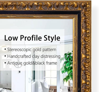 Chende Vintage Mirrors Wall Decorative, 47''x24'' Black Gold Narrow Mirror for Bathroom Vanity with Wooden Frame, Rectangle Ornate Mirror for Living Room, Entryway, Dining Room