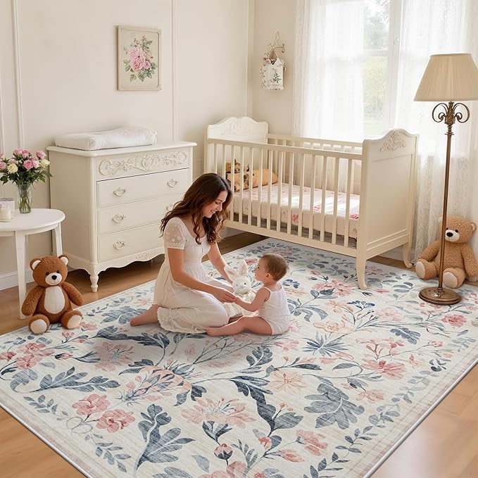 6x9 Area Rugs Washable Rug: Lagre Boho Living Room Rug Soft Non-Slip Thin Carpet Indoor Floor Non-Shedding Neutral Floral Carpets for Bedroom Dining Room Farmhouse Nursery Multi
