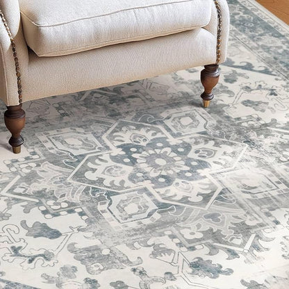 Rugxara Washable Area Rug for Living Room, Neutral Vintage Boho Rugs for Office, Dining Room, Kids Room, Farmhouse, Durable Low Pile Non Slip Carpet for High Traffic Areas, Light Blue Grey(4x6 ft)