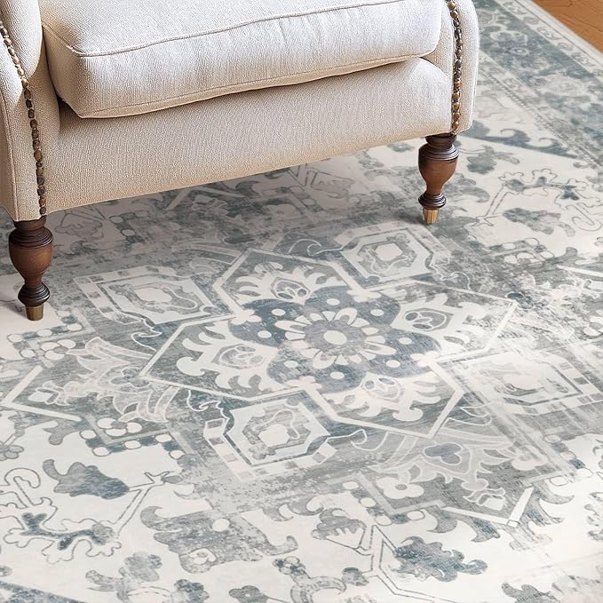 Rugxara 10x14 Extra Large Washable Area Rug, Soft Neutral Vintage Boho Rug for Living Room, Bedroom, Office, Farmhouse, Low Pile Imitation Wool Non Slip Carpet Ideal for High-Traffic Areas, Blue Grey