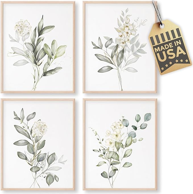 Botanical Watercolor Art Prints (Set of 4) - 8x10 (Unframed) | Boho Leaves and Flowers Wall Decor | Minimalist Floral Artwork for your Home, WFH Office, Kitchen, Dining Room, Bedroom, and Bathroom