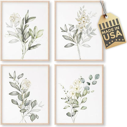 Botanical Watercolor Art Prints (Set of 4) - 11x14 (Unframed) | Boho Leaves and Flowers Wall Decor | Minimalist Floral Artwork for your Home, WFH Office, Kitchen, Dining Room, Bedroom, and Bathroom